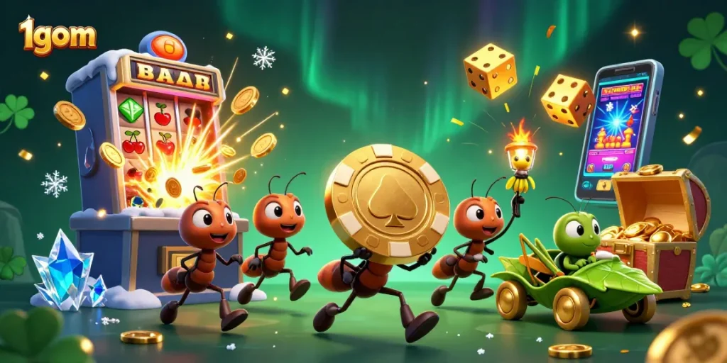 Engage with 1gom's dynamic casino scene featuring ants on a heist with golden poker chips.