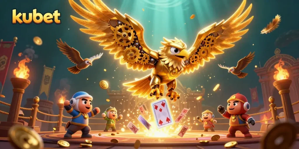 Experience thrilling gaming action with kubet in this vibrant 3D illustration full of excitement.