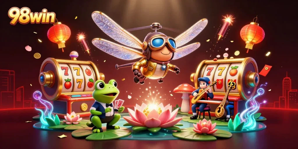 Experience thrilling gameplay at 98win with vibrant slot reels and animated characters.