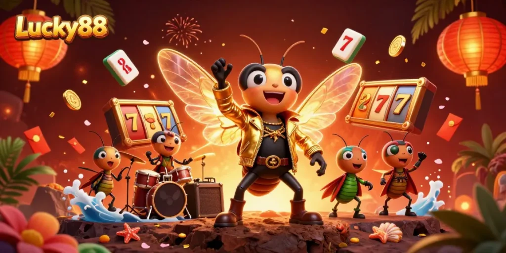 Experience the thrills of Lucky88 with dynamic slots and vibrant casino elements in this vivid illustration.