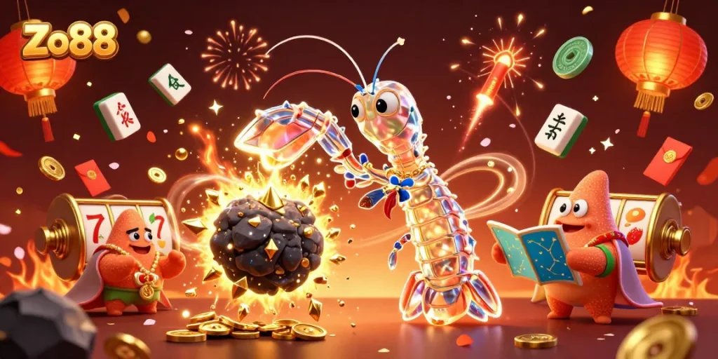 Engage in thrilling gameplay with Zo88’s vibrant casino scene featuring energetic characters and festive elements.