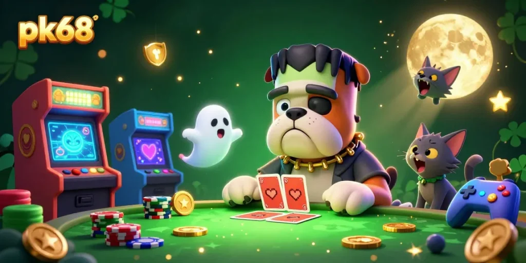 Experience thrilling gaming at pk68 with a lively 3D illustration featuring vibrant characters and casino elements.