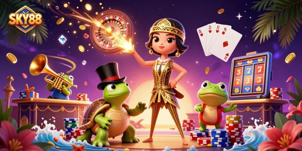 Engage with the excitement of SKY88 through vibrant casino characters and games in a dynamic 3D illustration.