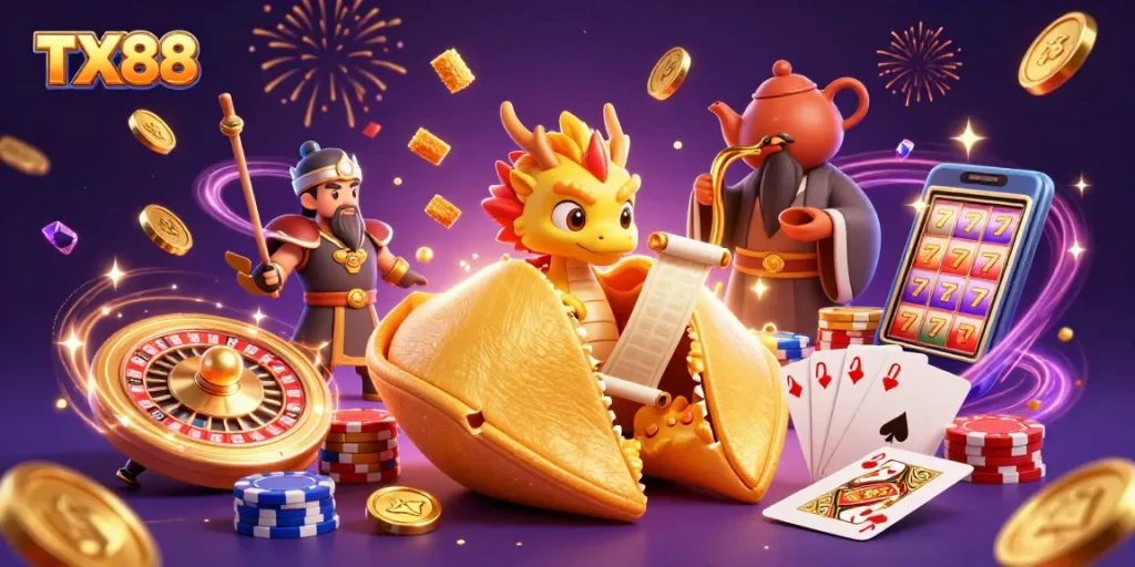Engage in thrilling moments at TX88 with golden coins and lively characters in a dynamic casino setting.
