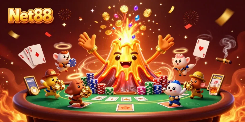 Engage with Net88's thrilling poker experience through vibrant game elements and animated characters.