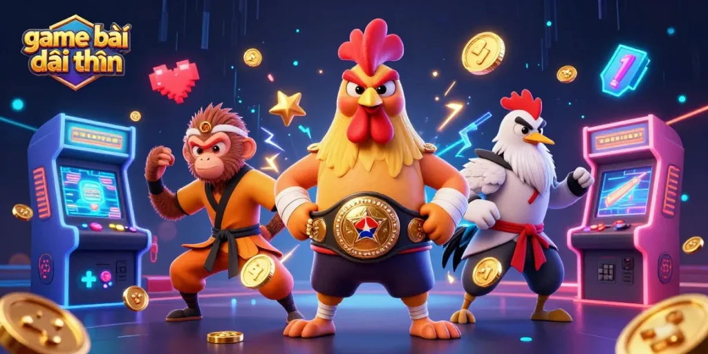 Play thrilling game bài đổi thưởng with vibrant 3D characters and arcade gaming elements.