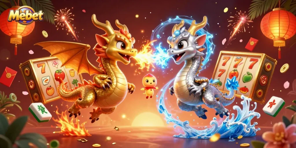 Mebet immerses players in a vibrant casino world filled with dragons, slot reels, and festive gaming elements.