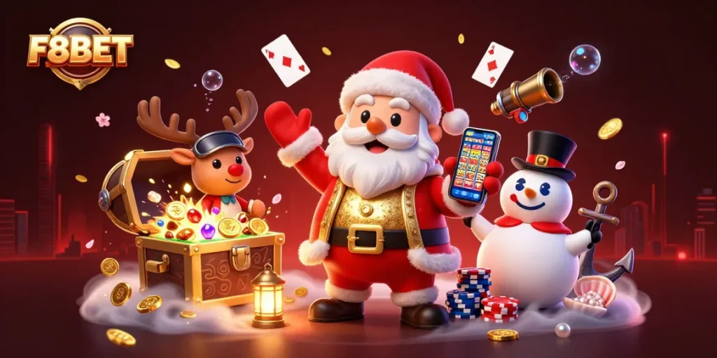 Experience exciting jackpot slots at F8BET with Santa Claus, a dealer reindeer, and a poker chip snowman!