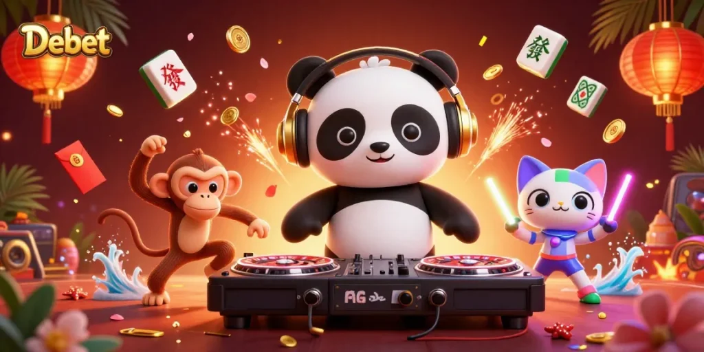 Debet's vibrant illustration showcasing casino fun with quirky characters dancing and gaming.