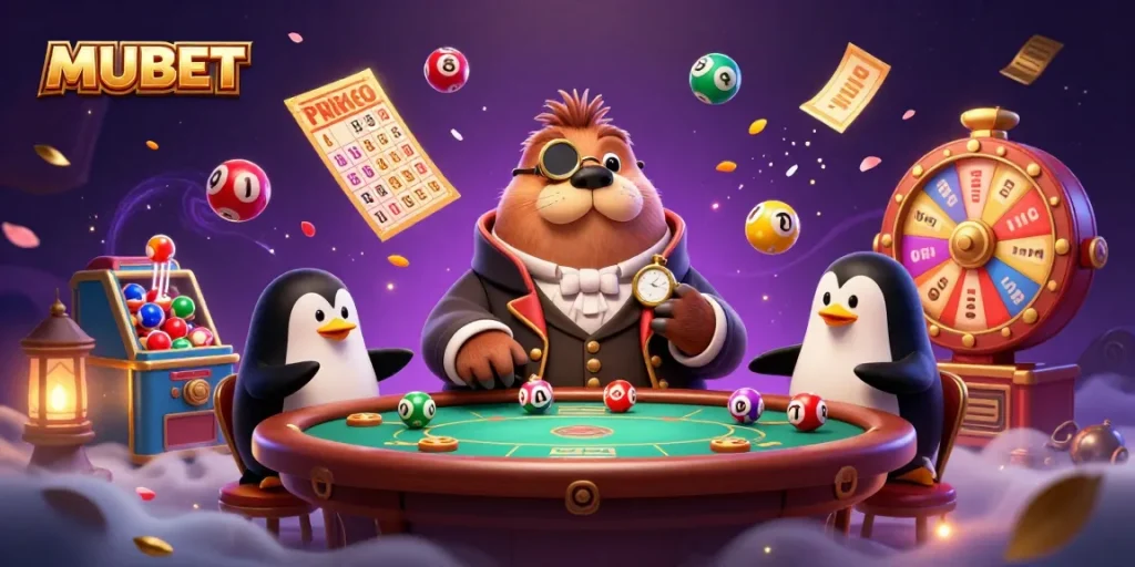 MUBET showcases an underwater poker table scene with a walrus and penguin dealer surrounded by dynamic lottery elements.