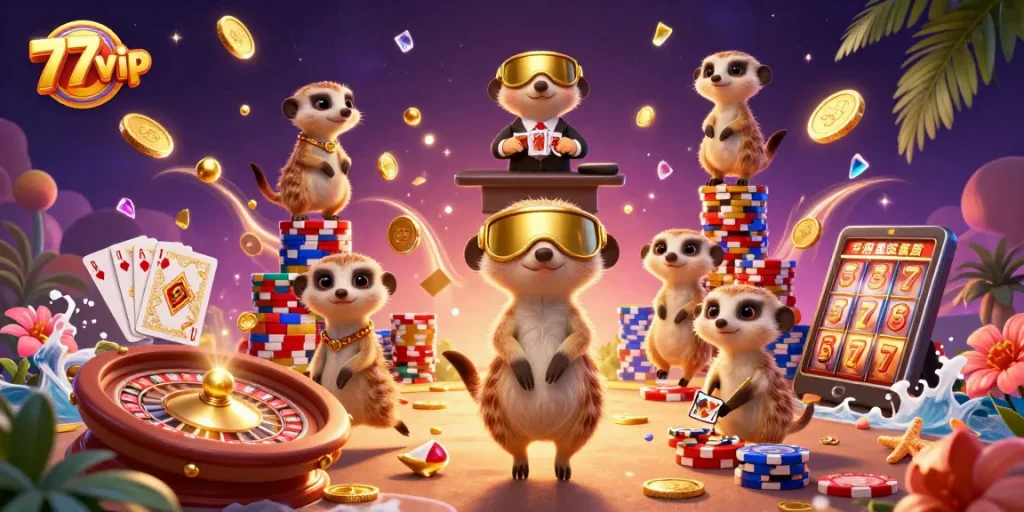 Experience the excitement of 777vip with a vibrant 3D casino scene showcasing meerkats in action and casino games.