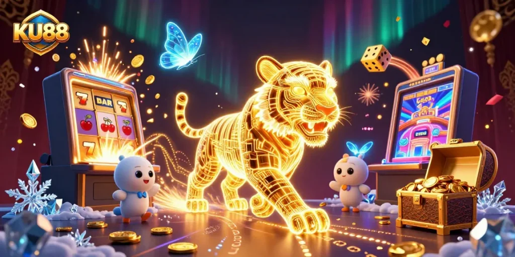 Experience KU88's digital casino adventure with a radiant golden tiger and jackpot burst.