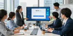 Team discussing My O2 Business login and mobile solutions in a modern office meeting.