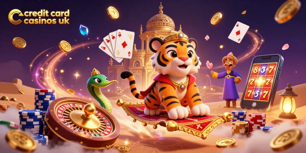 Experience the excitement of credit card casinos UK with vibrant casino elements and characters.