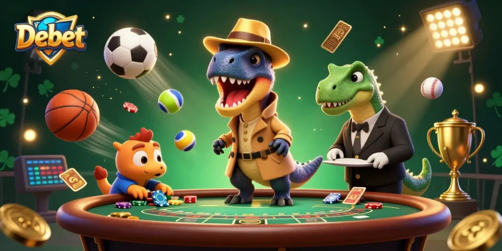 Bet on Debet with vibrant gaming action featuring a velociraptor card counter and dynamic sports elements.