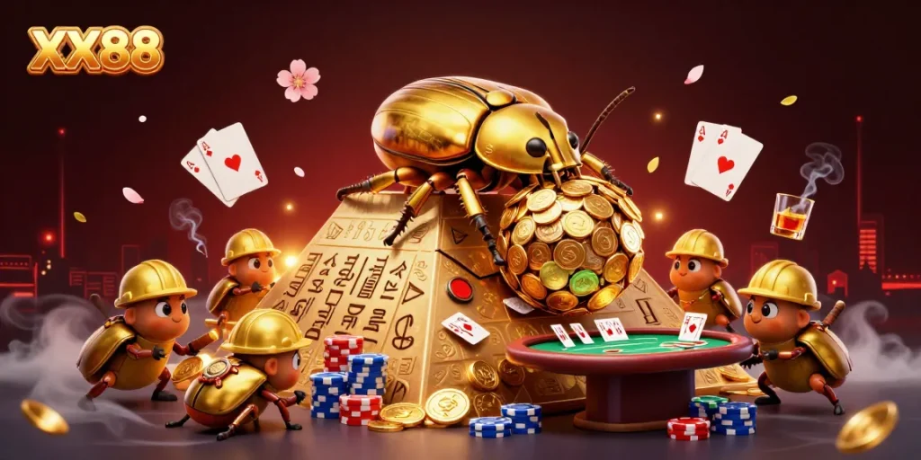 Experience the excitement at XX88 with a golden beetle rolling coin, poker chips, and vibrant casino action.