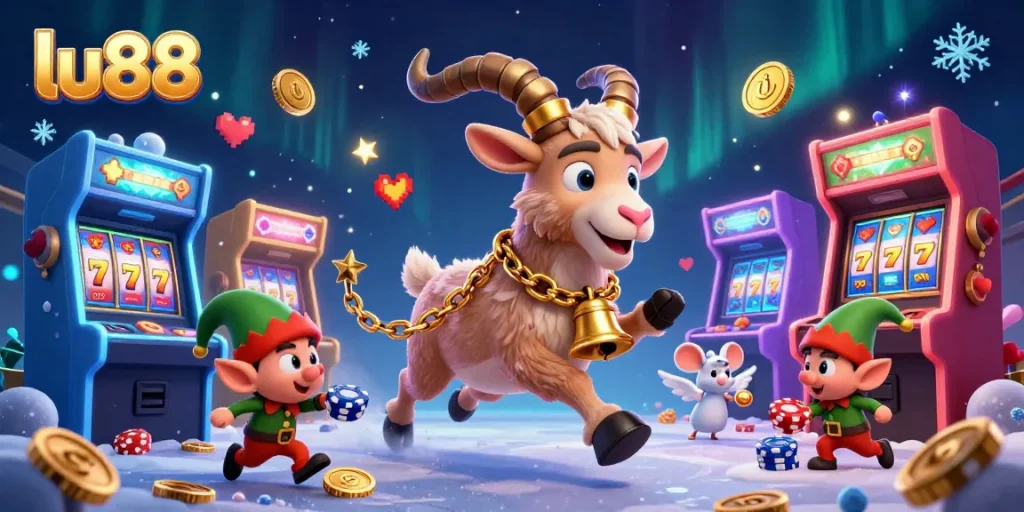 Experience the thrill of lu88 with vibrant slot reels and festive characters in this dynamic casino scene.