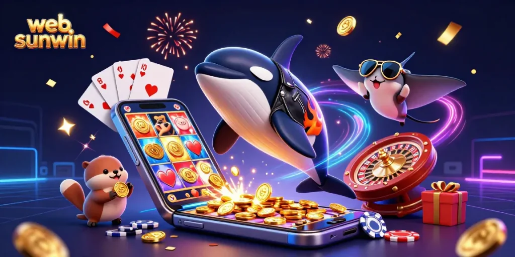 Engage with web sunwin as an animated scene showcases a vibrant casino adventure filled with characters and festive elements.