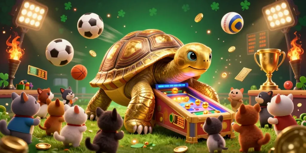 Experience the excitement of Lucky88 with a dynamic 3D casino scene featuring a golden tortoise pinball machine and sports elements.